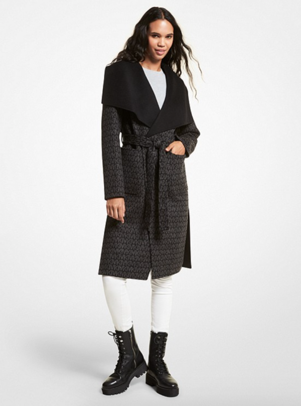 MICHAEL KORS - Wool Blend Logo Jacquard Wrap Coat 